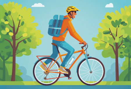 Image of a man wearing a bicycle helmet and backpack enjoying cycling on a spring day with green trees and little white clouds in the back ground